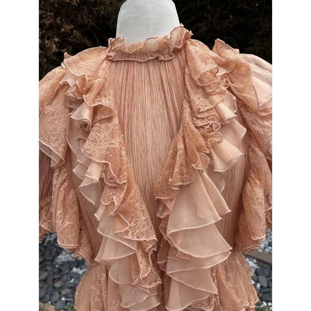 Ulla Johnson Ruffle Silk Top Peach Lace Victorian Boho Blouse Size Large ? NWOT